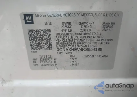 2019 Chevrolet Equinox Ls из США, поврежденный, VIN 3GNAXHEV4KS554180